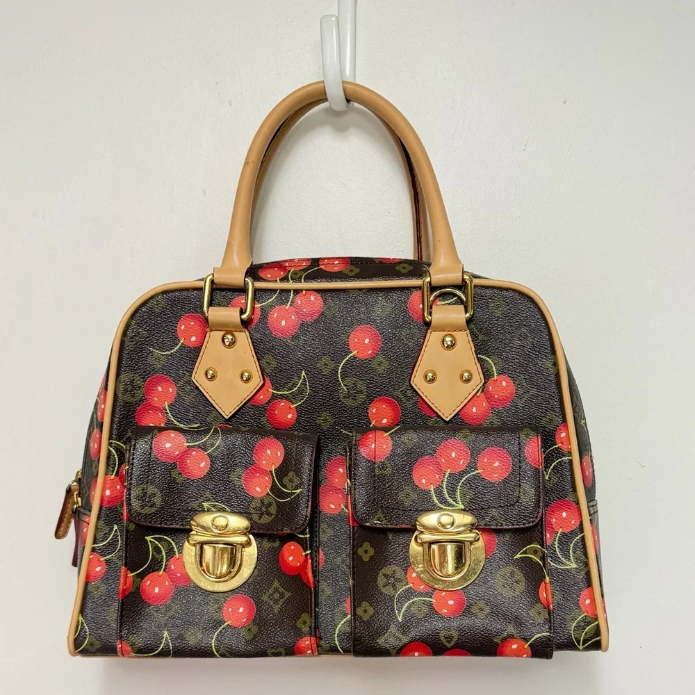 Cherry Print Satchel Handbag - Brown & Red - Picture 1 of 9